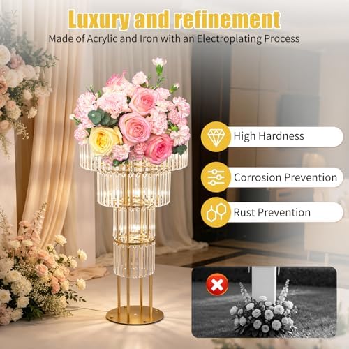 2Pcs Gold Wedding Flower Vases, Metal Flower Stand with Hanging Crystals & Round Pedestal, Modern Crystal Flower, alternate