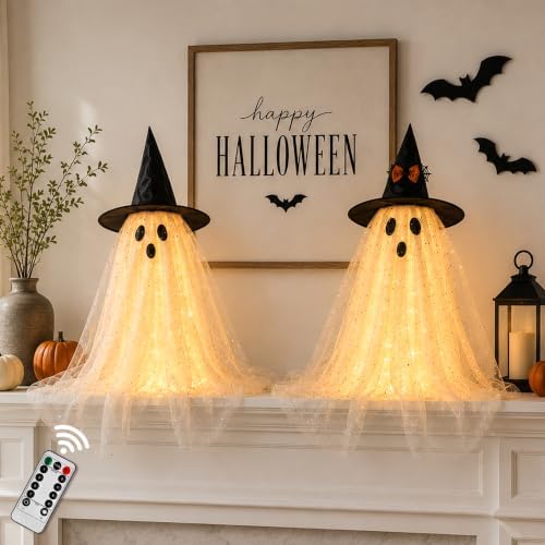 2pcs Halloween Decorations Indoor, Ghost Decor with String Lights Remote Control, Halloween Party Decorations