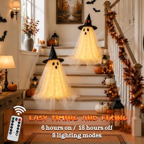 2pcs Halloween Decorations Indoor, Ghost Decor with String Lights Remote Control, Halloween Party Decorations, alternate view