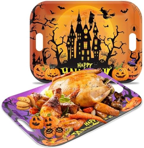 2Pcs Halloween Serving Trays 16.1 X 11.1 Inch Large Melamine Platters with Handles, Orange Purple Castle Pumpkin
