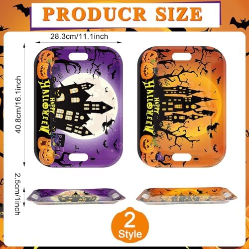 2Pcs Halloween Serving Trays 16.1 X 11.1 Inch Large Melamine Platters with Handles, Orange Purple Castle Pumpkin, alternate