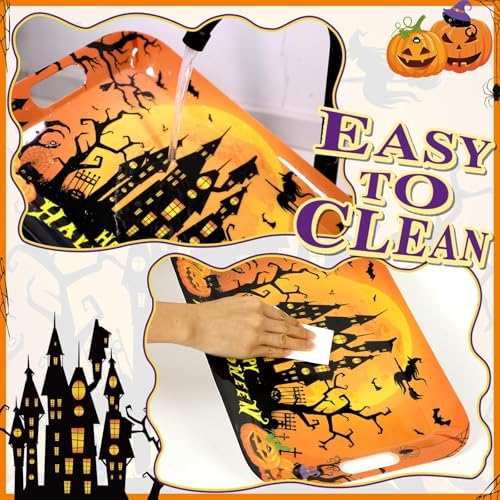 2Pcs Halloween Serving Trays 16.1 X 11.1 Inch Large Melamine Platters with Handles, Orange Purple Castle Pumpkin, alternate