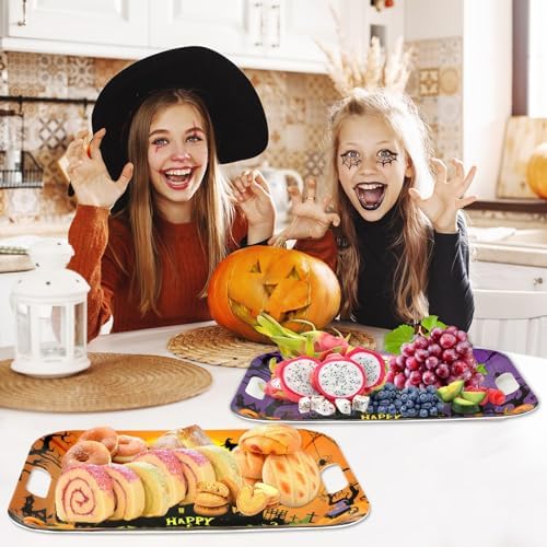 2Pcs Halloween Serving Trays 16.1 X 11.1 Inch Large Melamine Platters with Handles, Orange Purple Castle Pumpkin, alternate