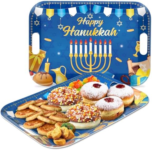 2Pcs Happy Hanukkah Serving Trays with Handles 16 x 11 Inch Large Melamine Tray Rectangular Jewish Chanukah