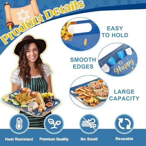 2Pcs Happy Hanukkah Serving Trays with Handles 16 x 11 Inch Large Melamine Tray Rectangular Jewish Chanukah, alternate view 4