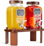 2PCS Large Drink Dispensers for Parties, Glass Beverage Dispenser with Wood Stand, Lemonade Drink Dispenser with