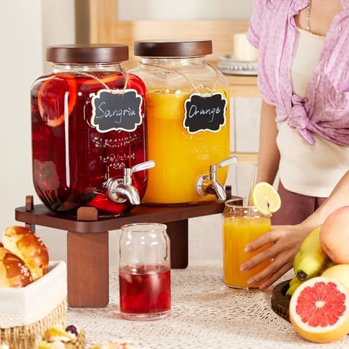 2PCS Large Drink Dispensers for Parties, Glass Beverage Dispenser with Wood Stand, Lemonade Drink Dispenser with, alternate