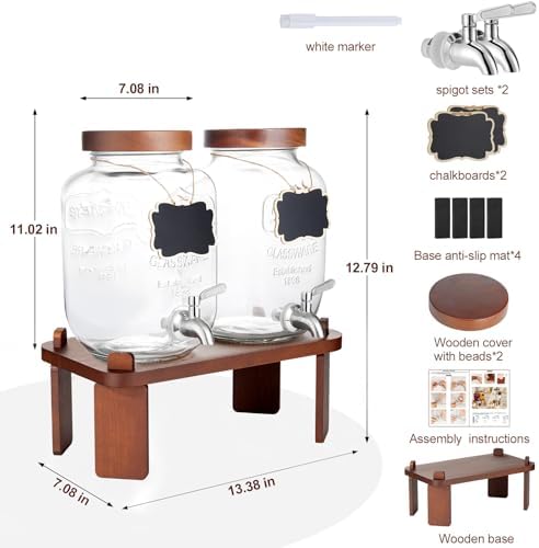 2PCS Large Drink Dispensers for Parties, Glass Beverage Dispenser with Wood Stand, Lemonade Drink Dispenser with, alternate