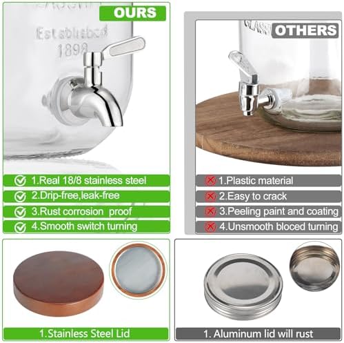 2PCS Large Drink Dispensers for Parties, Glass Beverage Dispenser with Wood Stand, Lemonade Drink Dispenser with, alternate