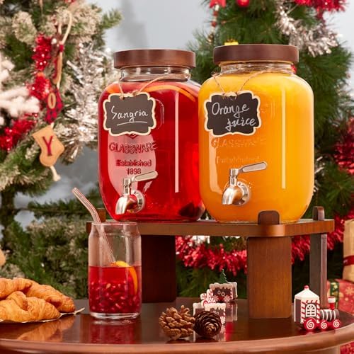 2PCS Large Drink Dispensers for Parties, Glass Beverage Dispenser with Wood Stand, Lemonade Drink Dispenser with, alternate