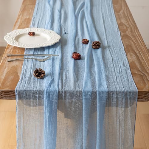 2Pcs Light Blue Cheesecloth Table Runner 120 Inches for Party Home Decor, alternate view 3