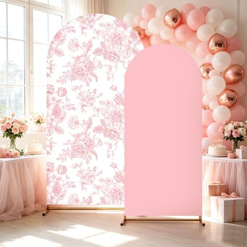 2PCS Pink Floral Arch Backdrop Cover, 6ft and 7.2ft Pink Stretchy Arch Background Cover for Wedding Birthday Tea
