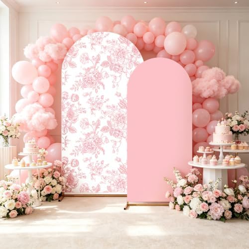 2PCS Pink Floral Arch Backdrop Cover, 6ft and 7.2ft Pink Stretchy Arch Background Cover for Wedding Birthday Tea, alternate