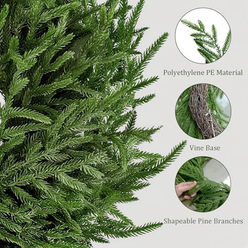 2Pcs Real Touch Norfolk Pine Wreath 24Inch Christmas Wreaths for Front Door, alternate view 5