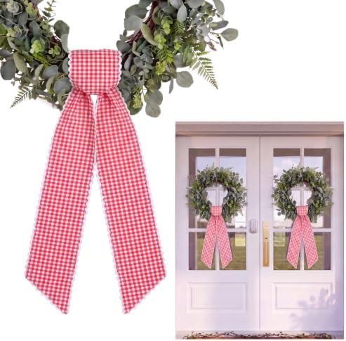 2Pcs Red White Gingham Wreath Sash Ties, 4.5"*55.1"