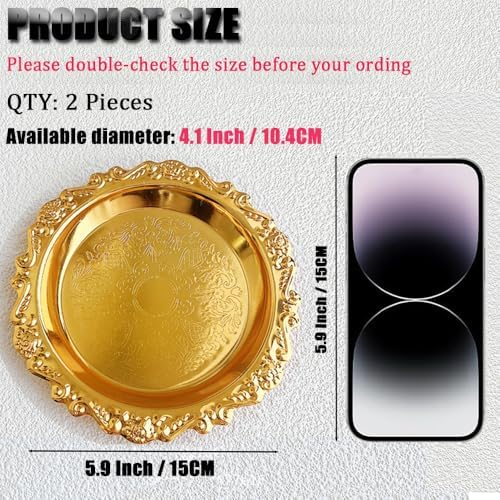 2PCS Round Decorative Metal Coffee Table Trays, Gold, 5.9 inch in 5.9 inch in Gold, alternate view 3