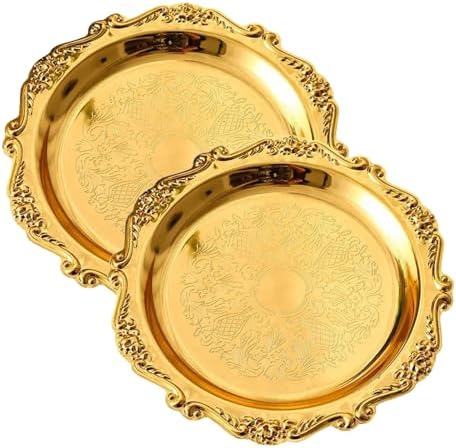 2PCS Round Decorative Metal Coffee Table Trays, Gold, 9.8 inch in Gold