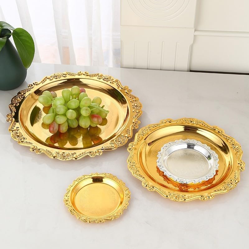 2PCS Round Decorative Metal Coffee Table Trays, Gold, 9.8 inch in Gold, alternate view 2