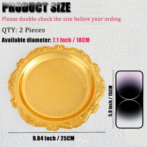 2PCS Round Decorative Metal Coffee Table Trays, Gold, 9.8 inch in Gold, alternate view 3
