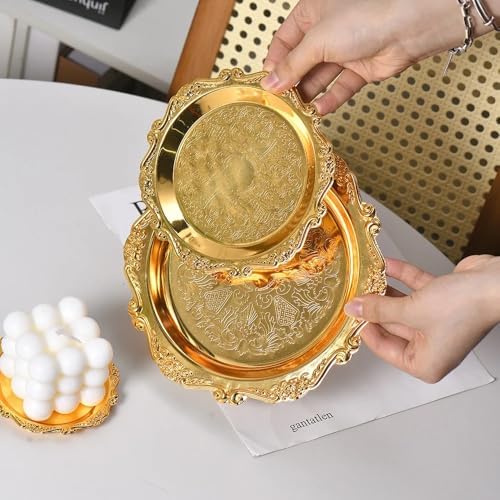2PCS Round Decorative Metal Coffee Table Trays, Gold, 9.8 inch in Gold, alternate view 5