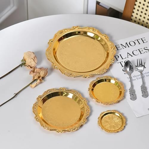 2PCS Round Decorative Metal Coffee Table Trays, Gold, 9.8 inch in Gold, alternate view 7