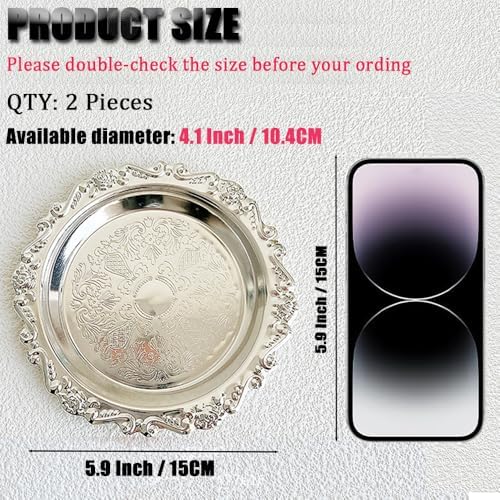 2PCS Round Decorative Metal Coffee Table Trays, Silver, 5.9 inch in Silver, alternate view 3