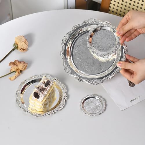 2PCS Round Decorative Metal Coffee Table Trays, Silver, 5.9 inch in Silver, alternate view 5