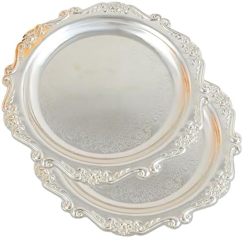 2PCS Round Decorative Metal Coffee Table Trays, Silver, 9.8 inch in 9.8 inch in Silver