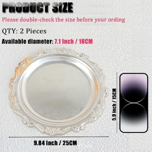 2PCS Round Decorative Metal Coffee Table Trays, Silver, 9.8 inch in 9.8 inch in Silver, alternate view 3