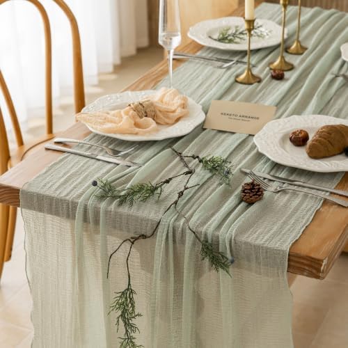 2Pcs Sage Green Cheesecloth Table Runner 120 Inches for Party Home Decor