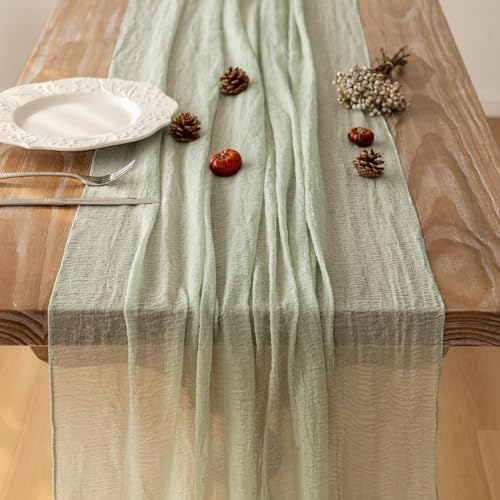 2Pcs Sage Green Cheesecloth Table Runner 120 Inches for Party Home Decor, alternate view 5