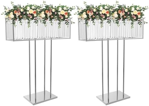 2PCS Silver Centerpieces Crystal Flower Vases, 35in Tall Flower Vase with Hanging Crystals, Square Flower Stand
