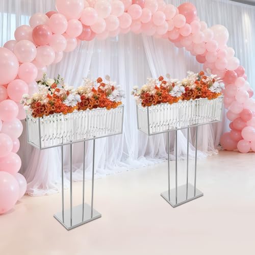 2Pcs Silver Crystal Flower Stand, 35" Wedding Centerpiece Table Decor in Silver