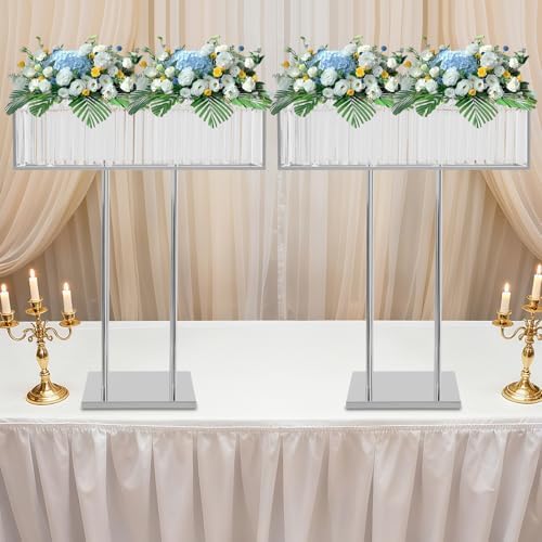 2Pcs Silver Crystal Flower Stand, 35" Wedding Centerpiece Table Decor in Silver, alternate view 3
