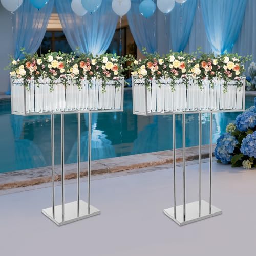 2Pcs Silver Crystal Flower Stand, 35" Wedding Centerpiece Table Decor in Silver, alternate view 6