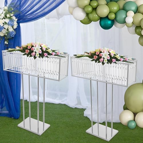 2Pcs Silver Crystal Flower Stand, 35" Wedding Centerpiece Table Decor in Silver, alternate view 7