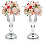 2PCS Silver Metal Flower Trumpet Stripe Vases Crystal Table Centerpieces Artificial Flower Arrangements for