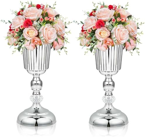 2PCS Silver Metal Flower Trumpet Stripe Vases Crystal Table Centerpieces Artificial Flower Arrangements for