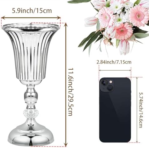 2PCS Silver Metal Flower Trumpet Stripe Vases Crystal Table Centerpieces Artificial Flower Arrangements for, alternate view 3