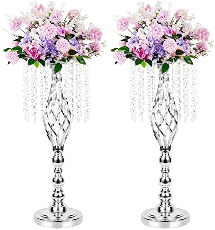 2pcs Silver Metal Flower Vases Crystal Flower Stand Wedding Centerpieces for Tables Party Dinner Event