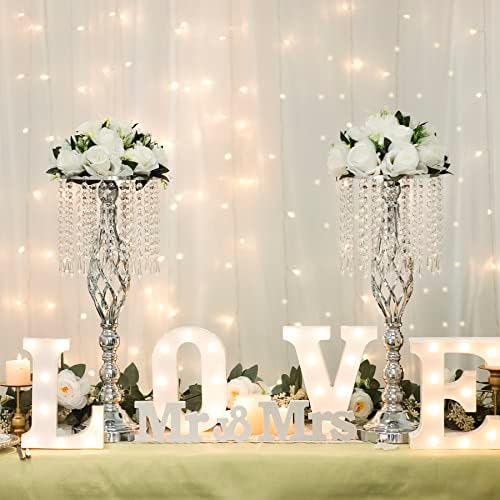 2pcs Silver Metal Flower Vases Crystal Flower Stand Wedding Centerpieces for Tables Party Dinner Event, alternate view 2