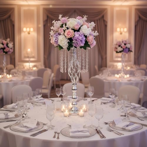 2pcs Silver Metal Flower Vases Crystal Flower Stand Wedding Centerpieces for Tables Party Dinner Event, alternate view 4