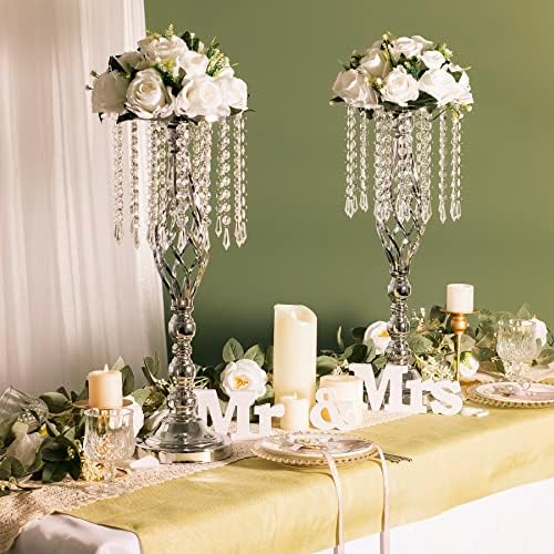 2pcs Silver Metal Flower Vases Crystal Flower Stand Wedding Centerpieces for Tables Party Dinner Event, alternate view 5