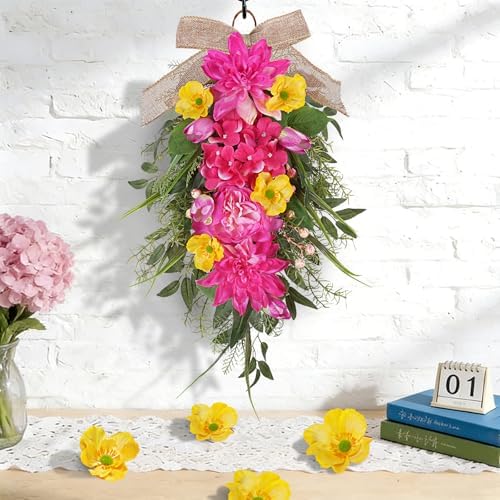 2Pcs Summer Teardrop Swag for Front Door Hydrangea Wreath with Peony, alternate view 2