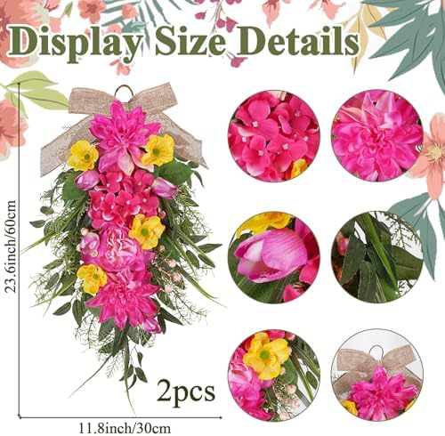 2Pcs Summer Teardrop Swag for Front Door Hydrangea Wreath with Peony, alternate view 3