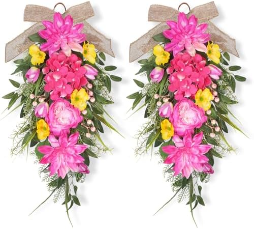 2Pcs Summer Teardrop Swag for Front Door Hydrangea Wreath with Peony, alternate view 7