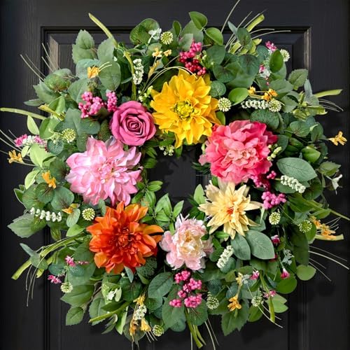 2Pcs Summer Wreaths Easter Wreath, Spring Wreaths for Front Door Outside, Large Front Door Wreath with Peony
