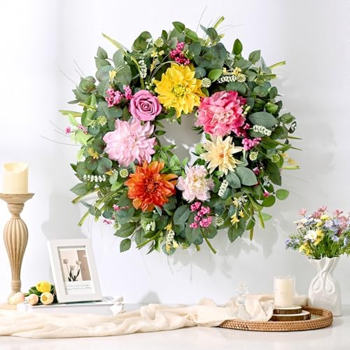 2Pcs Summer Wreaths Easter Wreath, Spring Wreaths for Front Door Outside, Large Front Door Wreath with Peony, alternate view