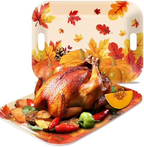 2Pcs Thanksgiving Day Fall Serving Tray 16.1 X 11.1 Inch Large Melamine Trays Platters with Handles Fall Pumpkin