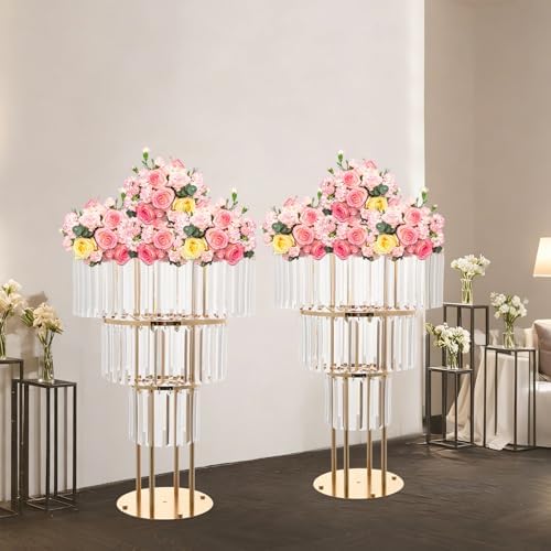 2pcs Wedding Gold Vases Centerpieces, Crystal Vases for Centerpieces, 3 Tier Chandelier Centerpiece Crystal, alternate view 2